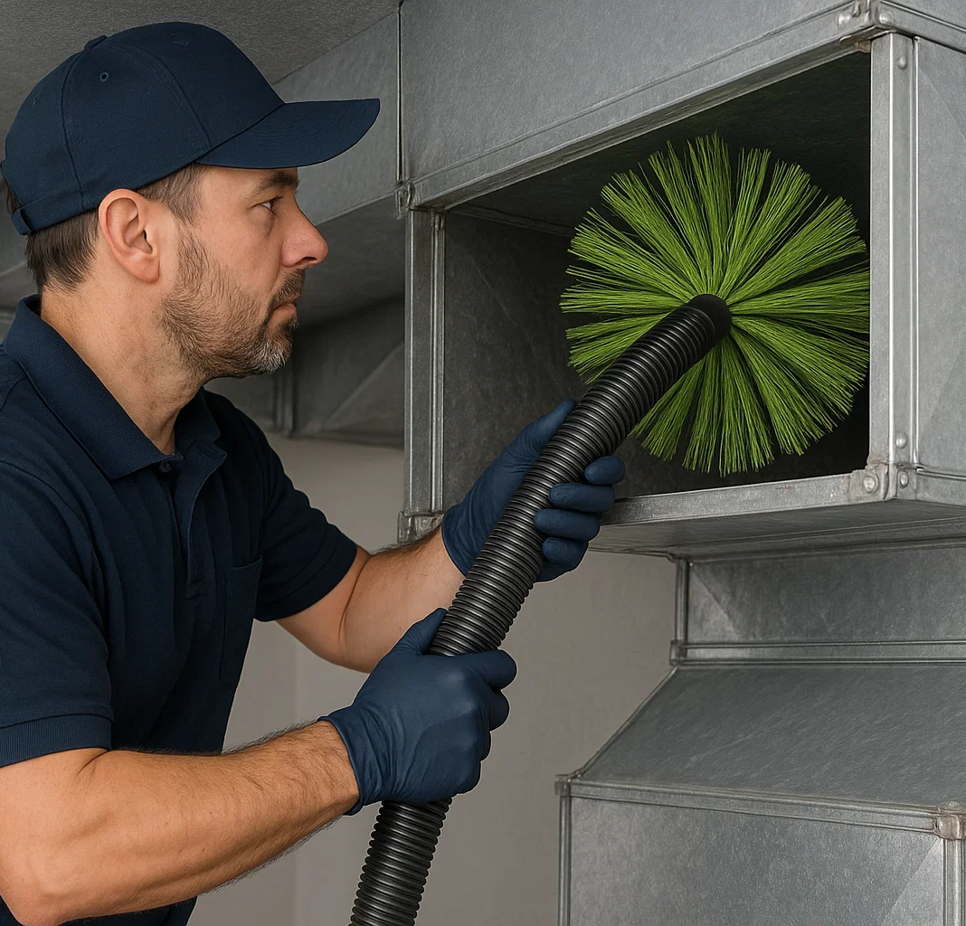 Deer Park TX air duct technician cleaning clogged vents to remove dust, odors, and airflow blockages
